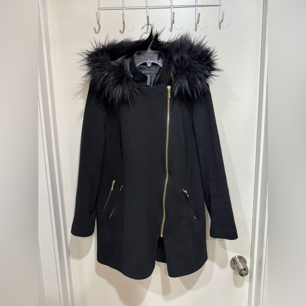 INC International Concepts Black Puffer Coat with Fur Trim size L